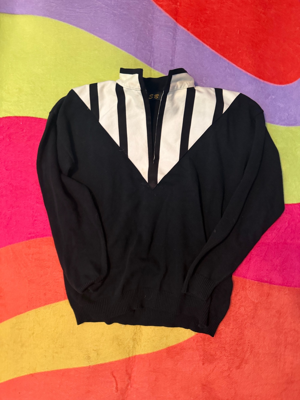 Vintage Black V-Neck Sweater with White Contrast Panel